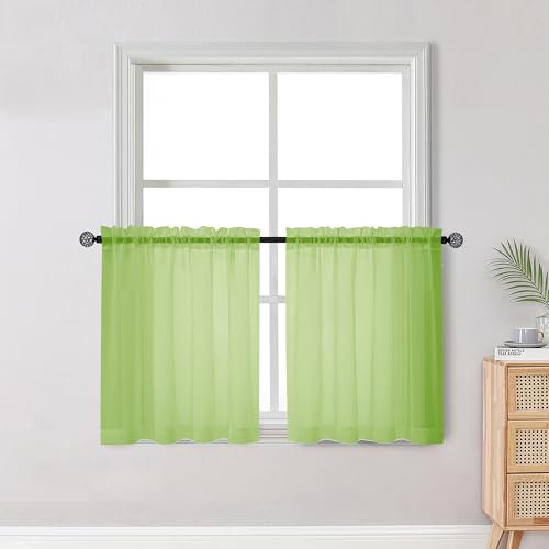 Image of OWENIE Short Lime Sheer Curtains 30 Inch Length 2 Panels Set, Kitchen Curtains Tiers Light Filtering Rod Pocket Cafe Curtain for Basement Bathroom Small Half Window, 42 inch W x 30 inch L, Lime