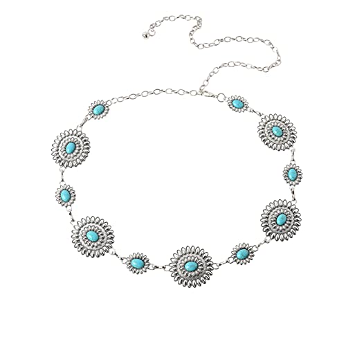 Turquoise Belts for Women Western Chain Belt Turquoise Chain Belts Retro Adjustable Waist Belts for Dresses Jeans Metal Body Chains,Silver