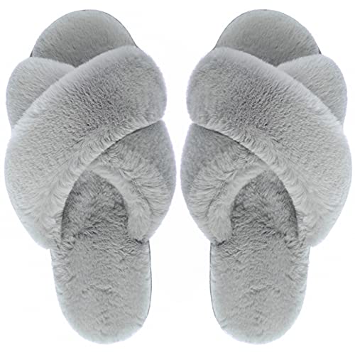 VONMAY Women's Fuzzy Slippers Cross Band Faux Fur Open Toe House Shoes - image 7
