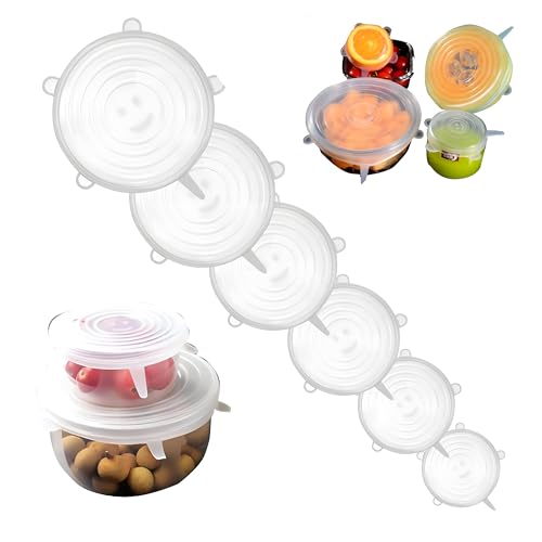 6 tapas de silicona elásticas de silicona, tapas elásticas para yogur, sin BPA, reutilizables, en diferentes tamaños, tapas de silicona para cuencos, ollas, vasos, latas, vasos (blanco)
