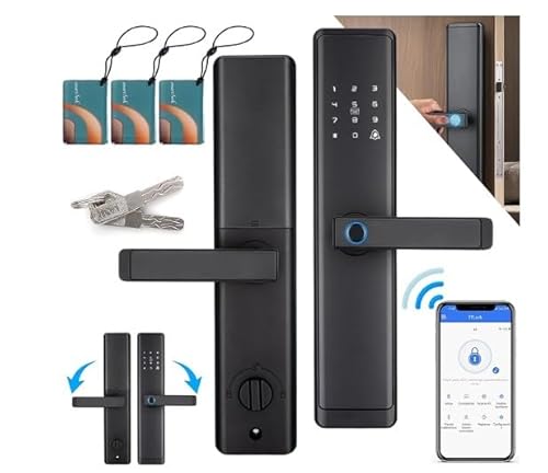 Yallmie Cerradura Inteligente Puerta Interior, 6 en 1 Smart Door Lock con 2 llaves y 3 tarjetas IC, cerradura de huella digital Puede Wifi y Tuya para Interior Cerraduras de Puertas Existentes