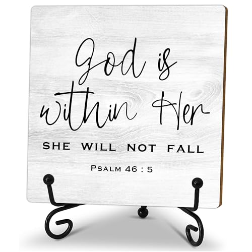 God Is Within Her She Well Not Fall Wooden Sign, Man Of Faith Desk Decor Sign With Stand, Home Office Decor Funny Gifts Office Christian Table Desk Accessories & Supplies, 5X5 Inches-A35