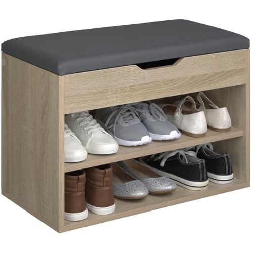 TecTake® Zapatero Madera con Cojín Extraíble, Estanteria Zapatero Ajustable, Mueble Entrada Recibidor, Organizador Zapatos, Banco para Guardar Zapatos - Madera Clara, Roble Sonoma