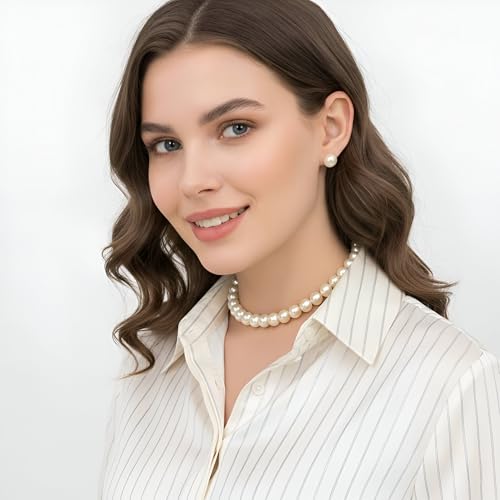 Juego de collar de cuentas de cristal crema 10mm pendientes tuerca perla 2