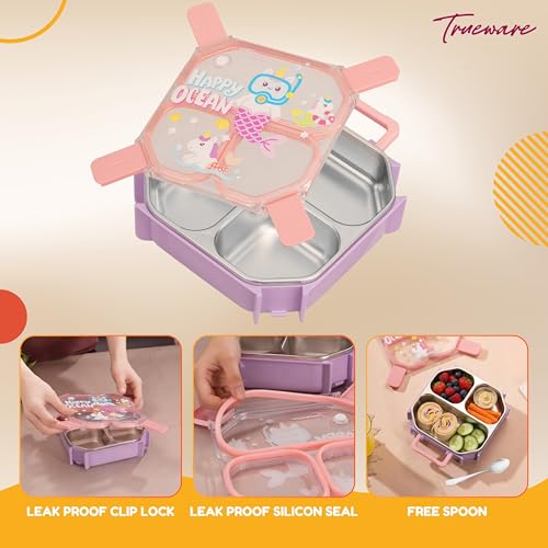 Image of Trueware Astro 304 Stainless Steel PU Insulated Lunch Box with Three Compartment BPA Free, Food Grade Ideal for School, Picnic, Office & Outdoor - 640ml