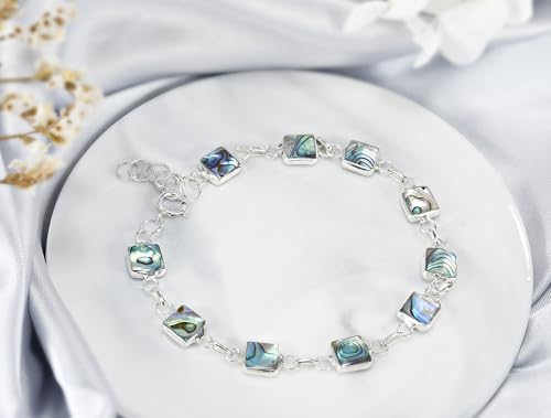 AeraVida Modernist Square Abalone Shell Double Sided .925 Sterling Silver Link Bracelet | Handcrafted Ocean-Inspired Statement Jewelry | Shiny Green-Tone Shell Bracelet with Polished Silver Finish2