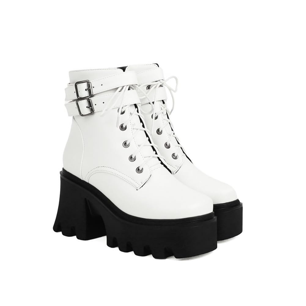 Botines Militares con Plataforma Y Tacón Ancho para Mujer Punk Gótico con Cordones Punta Cuadrada Botas De Combate Motero con Hebilla