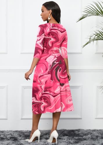 Image of CLOCOR Midi Dresses for Women Casual A-Line Fit and Flare Dress Crewneck 3 /4 Sleeve Keyhole Cocktail Party Church Dress