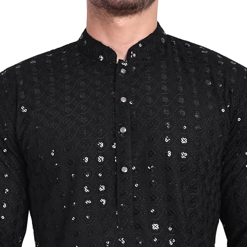 Image of Rayon Ethnic Wear Full Chikankari Sequin Embroidery Mirror Work Traditional Straight Kurta Pyjama Set for Men