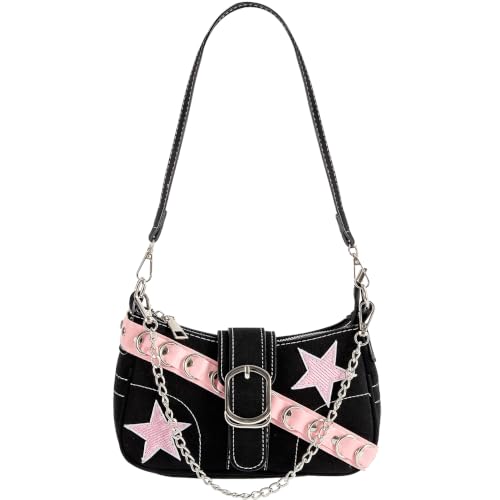 Image of Cute Y2k Purse for Women, Star Embroidery Pattern with Chain Strap Shoulder Bag, Goth Style Cute Mini Purse