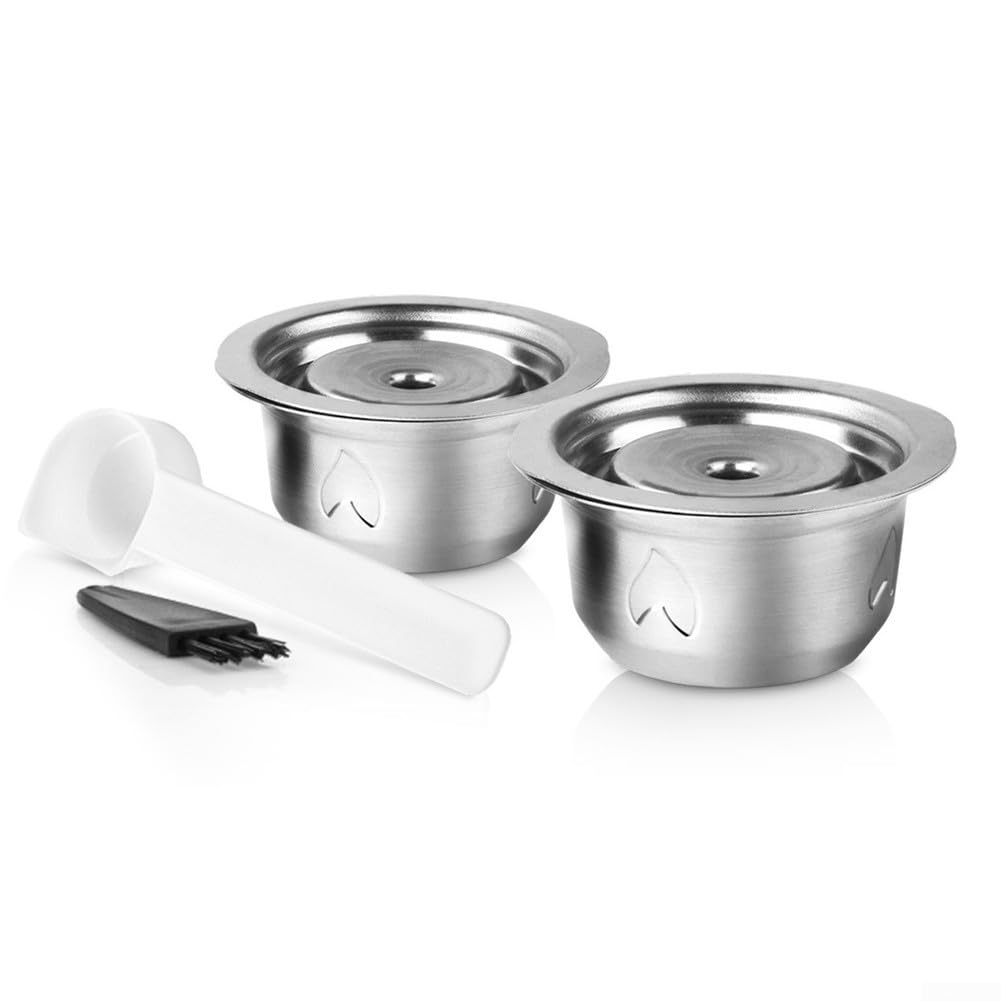 Cápsulas de café reutilizables de acero inoxidable: cápsulas de filtro recargables con tapa de silicona, cuchara y cepillo de limpieza, solución ecológica para uso diario (2 cápsulas+cuchara y cepillo