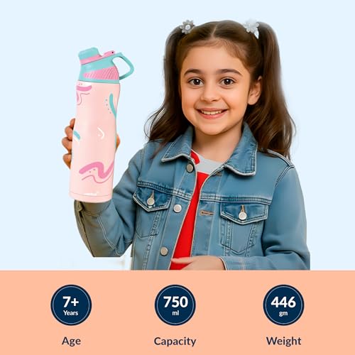 Image of Rabitat ZYLO Max Insulated Water Bottle for School Kids 750ml | Steel Water Bottle for Kids | Kids Water Bottle | 2 Year Brand Warranty | Hot & Cold Upto 24 Hours | School, Gym, Outdoor Pastle Splash