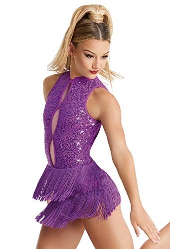 Balera Womens Sequin Fringe Skirt Dress with Keyholes for Dance Electric Purple