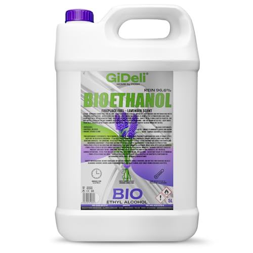 GiDeli Bioetanol 5 l de aroma de lavanda 96,6% etanol para chimeneas interiores y exteriores, sin humo ni hollín, de maíz y remolacha azucarera