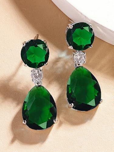 Image of Karatcart Silver Tone Green American Diamond Drop Earrings for Women