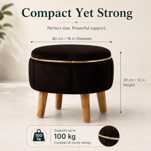 Image of Velvet Upholstered Round Ottoman Footstool | Anti-Slip Feet | Multipurpose Footrest, Step Stool & Vanity Seating & Decor | 40 x 30 cm (16 x 12 Inch) | Coffee