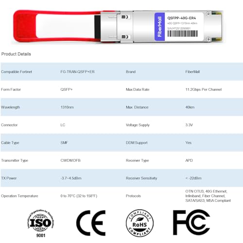 Image of 40G QSFP+ ER4 Optical Transceiver Modul,Compatible with Fortinet FG-TRAN-QSFP+ER 40G 40GBASE-ER4 QSFP 1310nm CWDM4 40km LC SMF