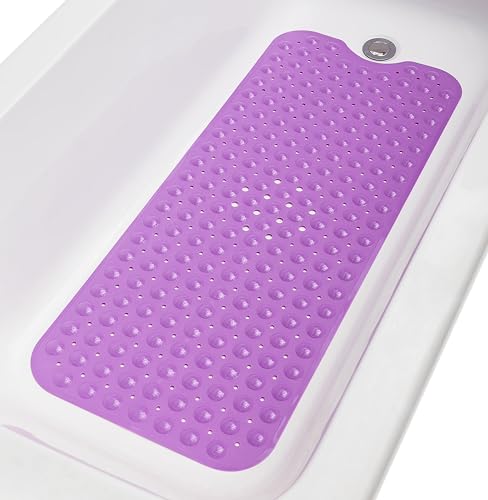 TIKE SMART Extra-Long Non-Slip Bathtub & Shower Mat 39”x16” (Smooth/Non-Textured Tubs Only) Safe, Clean, Machine-Washable, Superior Grip&Drainage, Vinyl, Opaque Purple