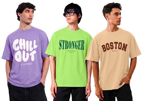 Image of LEOTUDE Men's Oversized Drop Shoulder Cool and Stylish Half Sleeve Round Neck Baggy Fit Graphic Printed Design Combo T-Shirt for Man's (Color Purple)