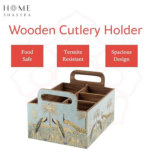 Image of Wooden Cutlery Holder with Gold Engraving | Pack of 1 | Size : 9 x 7 x 5.5 inch | Enamel Coated Waterproof | Cutlery Holder for Dining Table | (Blue Peacock)