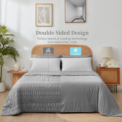 Cozy Bliss Seersucker Cooling Comforter Twin Size, Q-Max 0.45 Reversible Lightweight Cooling Throw Blanket, Breathable Silk Smooth Summer Bedding Quilt for Hot Sleepers Night Sweats Dark Grey by Cozy Bliss - Used condition - Image 5
