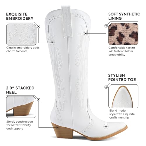 Image of Rollda Cowboy Boots for Women Cowgirl Boots Embroidered Knee-High Western Boots Pointy Toe with Chunky Heel