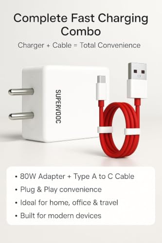 Image of ZYBUX 80W Fast Charging Adapter with Type-C to USB-A Cable | Compatible with OnePlus, Realme, Oppo, Vivo, Samsung, Xiaomi, Redmi, Tecno & Lava | Supports Dart, Dash, Warp, VOOC & SuperVOOC Charging