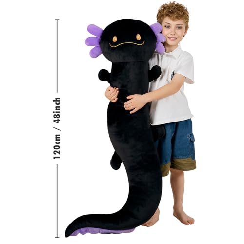 Dalmao 120cm Riesen Axolotl Plüsch Gefülltes Tier, Große Schwarze Axolotl -Kissen -Kissenspielzeug im Dunklen, Riesigen Schlaftkissen für Kinder, Geburtstag, Ostern