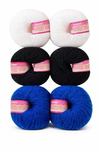 Image of Vardhman BabySoft Knitting Yarn | 100% Acrylic Wool | 4 Ply | Thin Knitting & Crocheting Hook Thread & Lightweight | Special Baby Wool | 150 Grams (6 Balls of 25g) | Machine Washable | Ideal for Blankets, Hats, Booties Ultra-Soft for Baby Sweaters, Blankets, Caps, Socks, Soft toys, Art & craft (Dark Blue 77 + White 18 + Black 21)