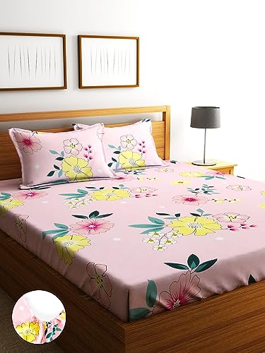 Image of Home Sizzler 144TC Garden Escape Pink Elastic Fitted Double Bedsheet with 2 King Size Pillow Covers, Fit for Mattress: 72 inchX75 inch & 72 inchX78 inch