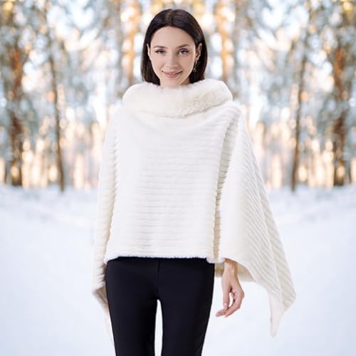 Women's Shawl Wraps Knitted Chenille Shawl Faux Fur Collar Poncho Sweater Pullover Cape for Fall Winter Travel4