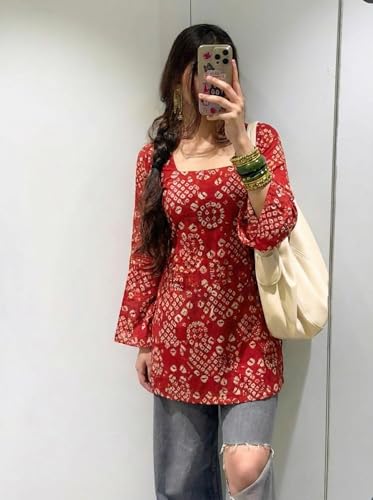 Image of ANNI Designer Women's Viscose Blend Printed Short Kurti | Straight Fit Casual Ethnic Top | Square Neck Full Sleeve Kurta Office College