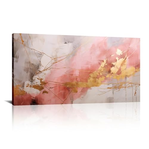 Art mural abstrait marbre rose et doré 85x165 cm avec cadre