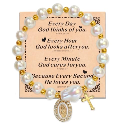 Virgin Mary Cross Bracelet,Blue Ceramic Pearl Rosary Bracelets with Miraculous