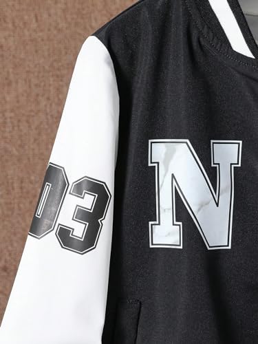 Image of Floerns Boy's Letter Print Colorblock Long Sleeve Varsity Bomber Jacket Without Tee Black and White 9Y