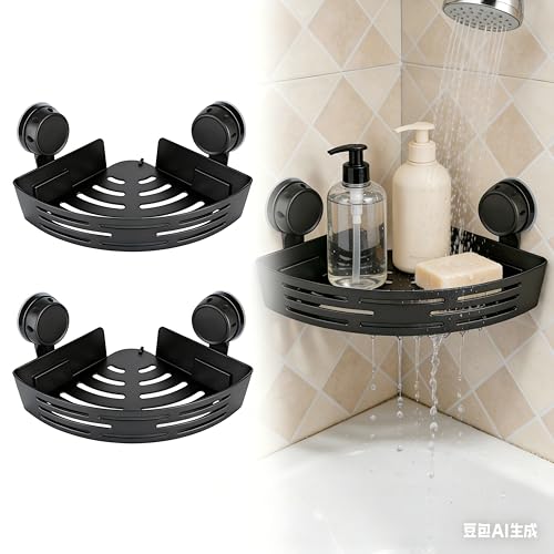 Triangle Suction Cup Corner Shower Shelf 2026 New No Drill Bathroom Corner Shelf Heavy-Duty Strong Hold Shower Storage Rack(Black Double-Layer)