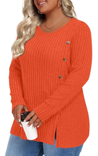 Image of HOTGIFT Womens Plus Size Sweater Tops Long Sleeve Crewneck Casual Tunic Shirts Buttons XL-5XL Blouse Soft Comfy Fashion