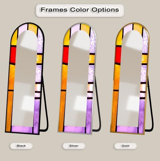 23,5’’W x 67’’H Aurora Mosaic – Stained Floor Mirror Arched Full Lenght Mirror - Arch Full Body Stained Floor Mirror with Black Frame with Gold Frame