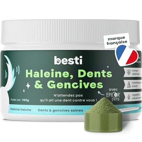 Haleine, Dents & Gencives | Poudre Dentaire pour Chiens | Anti-Tartre, Mauvaise Haleine | Pré Post Probiotiques Naturels | Marque Française – Formule Vétérinaire | Eucalyptus | 75 Doses | 150g