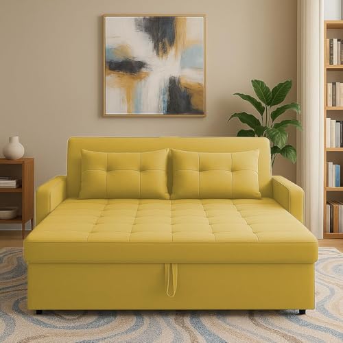 Image of Casaliving Treshta Pull-Out Premium Fabric Sofa Cum Bed Sofa Set for Living Room Premium Fabric Sofa Set for Living Room Sofa Cum Bed (Yellow, 2 Seater)