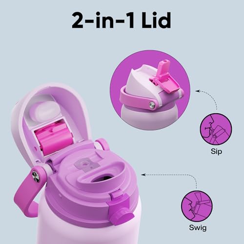 Image of Insulated Water Bottle with Straw - Encool Stainless Steel Water Bottle with Push Button Lid, Leak-Proof & BPA-Free, Keeps Cold for 24 Hours for Sports, Travel, Gym (32 oz, Thistle-Fuchsia)