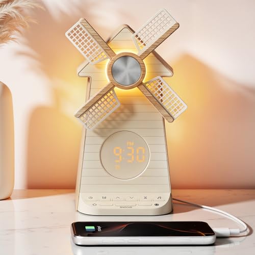 RETEYUNG Réveil Numérique Moulin à vent rotatif, Réveil Lumineux avec Veilleuse, Alarme LED avec Snooze, 20 sons apaisants (bruits blancs), port USB,...