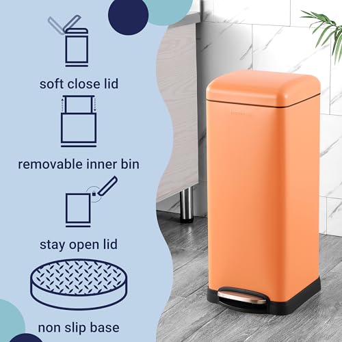 Image of happimess Betty 8 Gal Step Trash Can Soft-Close Lid, Carrot Cake | Removable Liner, Semi-Rectangular, Steel Pedal, Iron Powder Coated, 27 inch Height, Non-Skid Base