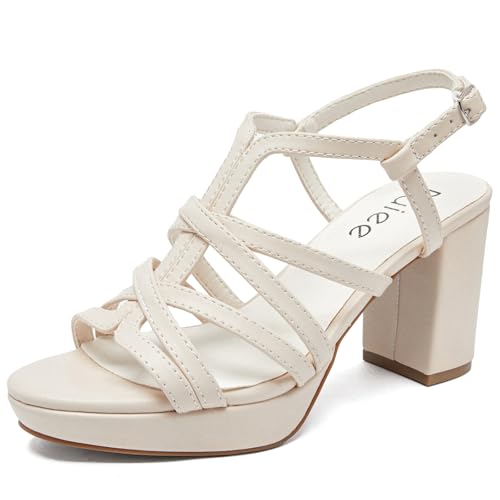 Ruiee Women's Platform Heels Chunky Heeled Sandals, Ankle Strappy Round Open Toe Dressy Shoes Wedding Party High Pump Heels for Women.2408093 Beige Size9