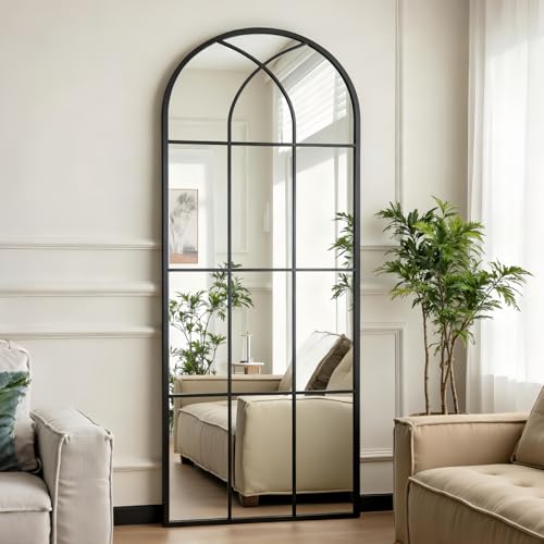 Image of Dewfig Arched Full Length Mirror, 71 inchx 32 inch Windowpane Floor Mirror, Black