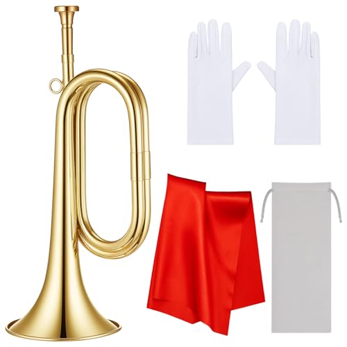 Lewtemi Gold Plated Brass Trumpet Bugle Horn with Bag Gloves and Red Cleaning Cloth Brass Cavalry Trumpet Instrument for Military Orchestra Festival Atmosphere Performances Band Cavalry Beginner