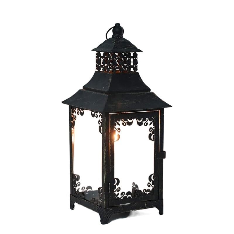 Świecznik Vintage metalowy świecznik wiszące lampiony świecznik szklana lampa oświetlenie zewnętrzne ogród wiszące lampy halloweenowe świeczniki (czarny)