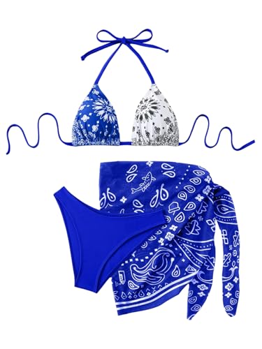 SOLY HUX Bathing Suit for Women 3 Piece Paisley Print Halter Triangle Bikini Sets Swimsuit with Beach Skirt