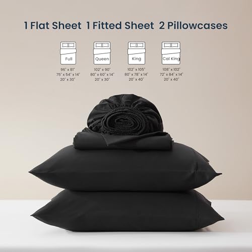 SLEEP ZONE Nanotex Super Soft Cooling Queen Bed Sheets Set 4 Piece - Easy Care Fitted Flat Sheet & Pillowcase Sets - Wrinkle Free, Fade Resistant, Deep Pocket 16" (Black, Queen)
