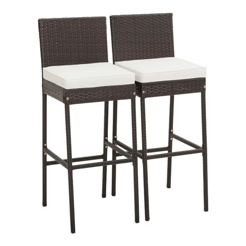 RELAX4LIFE Lot de 2 tabourets de bar d'extérieur en rotin avec dossier, repose-pieds, coussins d'assise et cadre en métal, capacité de poids de 181,4 kg,...